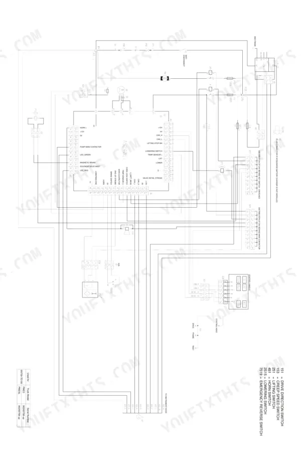mitsubishi-pw23-pw23l-electric-walkie-service-manual-99759-7e100-wiring-136.webp Mitsubishi PW23, PW23L electrical wiring diagram showing controller, battery disconnect, and control handle connections.