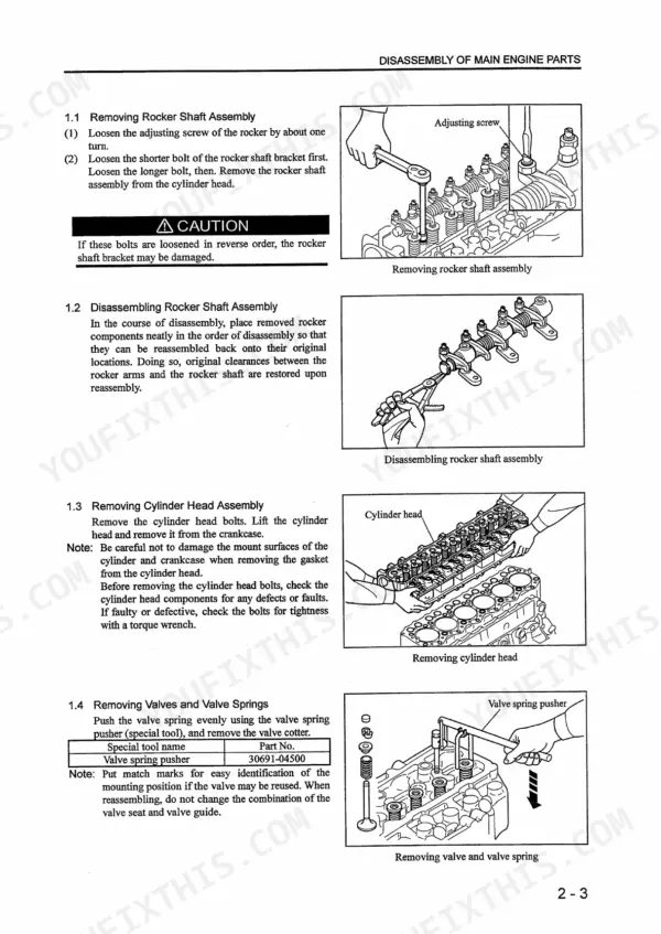 Mitsubishi S4S, S6S engine disassembly procedures for rocker shaft, cylinder head, and valve spring removal.