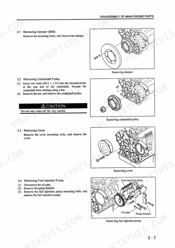 Mitsubishi S4S, S6S engine disassembly procedures for damper, crankshaft pulley, cover, and fuel injection pump removal.