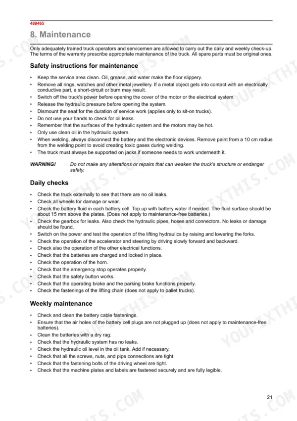 Mitsubishi SBP10N–SBP16NI maintenance manual page detailing safety instructions, daily checks, and weekly maintenance procedures.