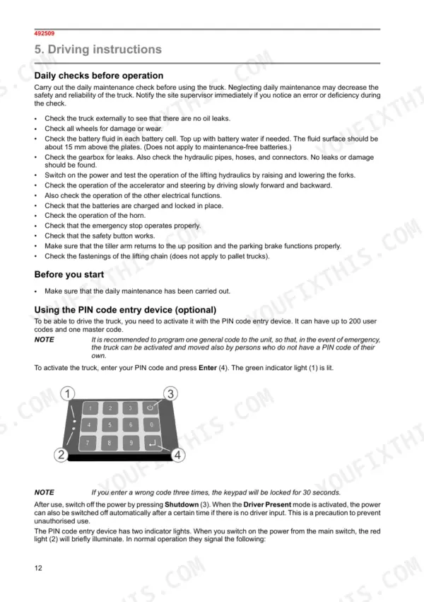 Mitsubishi SBP10N–SBP16NI daily checks, driving instructions, and optional PIN code entry device keypad operation guide.