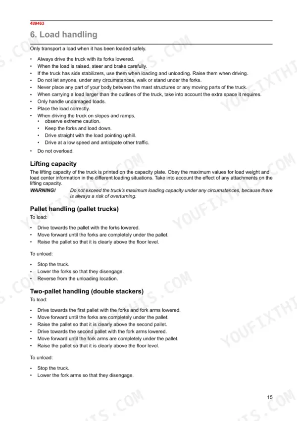 Mitsubishi SBP10N–SBP16NI operator manual procedures for load handling, lifting capacity, pallet, and two-pallet handling.