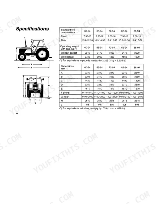 Fiat 60-94, 65-90, 72-94, 82-94, 88-94 Turbo tractor specifications table for dimensions, tire sizes, and weights.