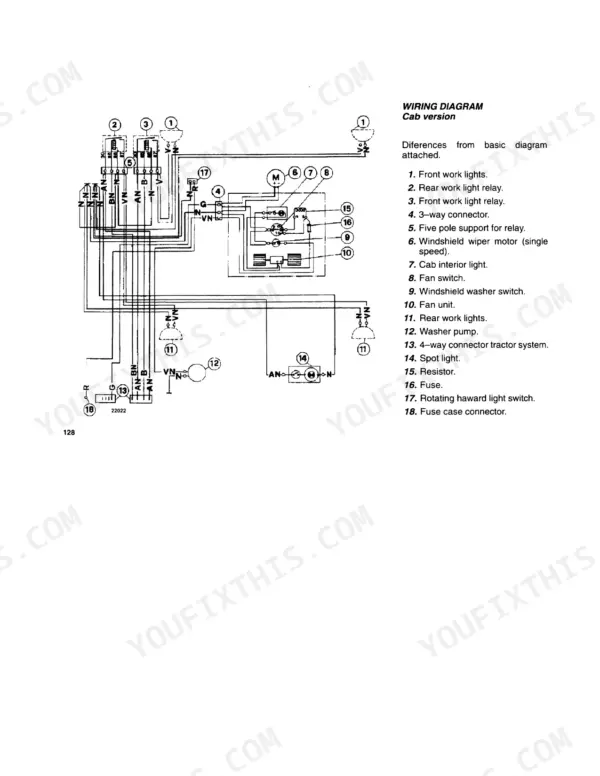 Fiat 60-94, 65-90, 72-94, 82-94, 88-94 Turbo cab version wiring diagram for lights, wiper, and fan components.