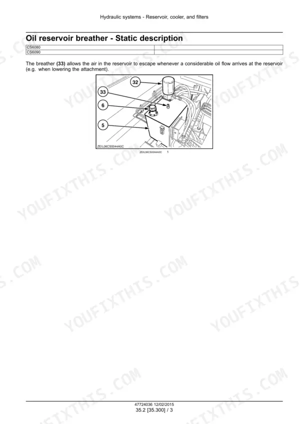 New Holland CS6080, CS6090 hydraulic oil reservoir breather static description diagram and component identification.