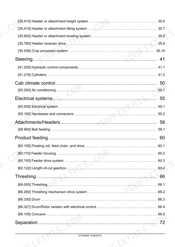 new-holland-cs6080-cs6090-utility-combine-service-manual-47724036-page-4.webp New Holland CS6080, CS6090 service manual table of contents for header, steering, electrical, feeding, and threshing systems.