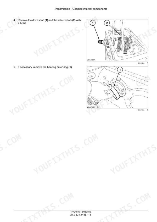 New Holland CS6080, CS6090 transmission gearbox procedure to remove drive shaft, selector fork, and bearing outer ring.