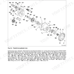 New Holland DC150.B final drive exploded view diagram with numbered parts list for housing, gears, bearings, and seals.