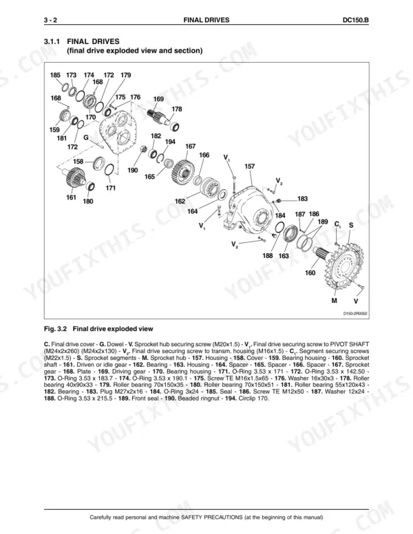 new-holland-dc150-b-crawler-dozer-service-manual-603-67-081-00-exploded-view-134.webp New Holland DC150.B final drive exploded view diagram with numbered parts list for housing, gears, bearings, and seals.
