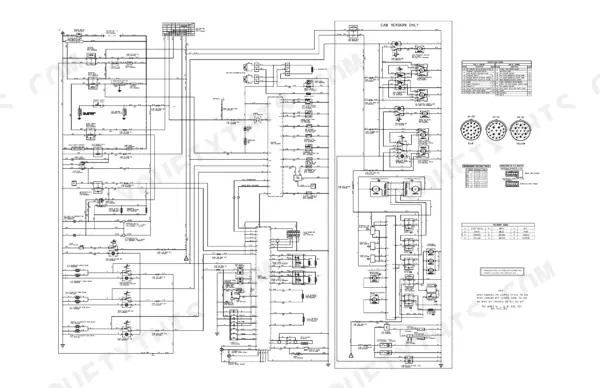 New Holland DC150.B electrical wiring diagram for cab version, including fuse box, solenoid, and connector pinout tables.