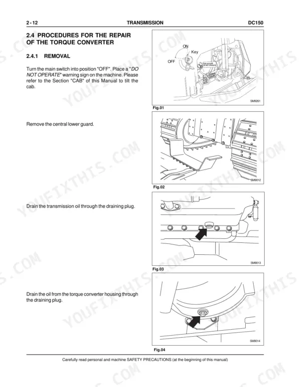 New Holland DC150 torque converter removal procedures, including guard removal and transmission oil draining diagrams.