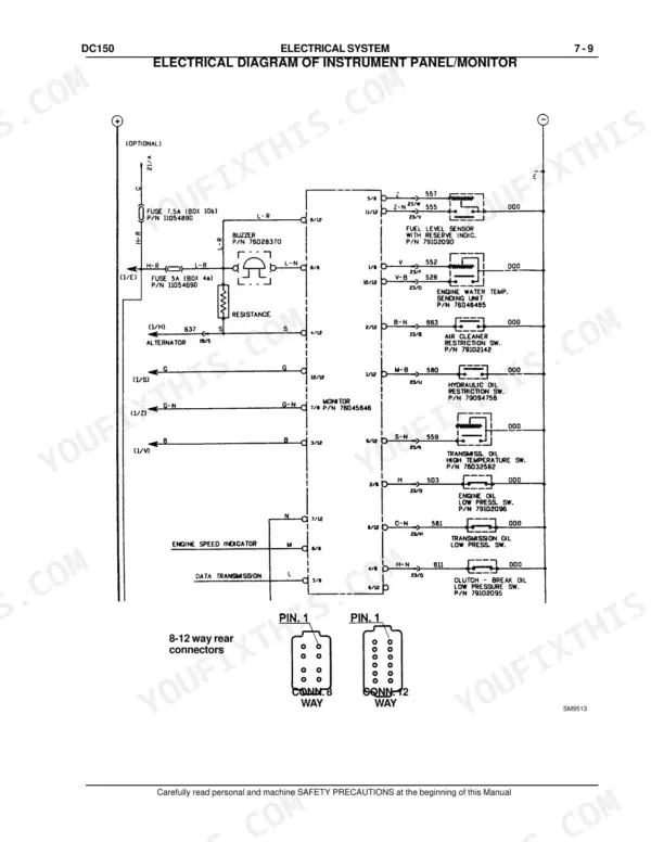 New Holland DC150 electrical diagram of instrument panel monitor showing sensors, fuses, and 8-12 way connector pinouts.