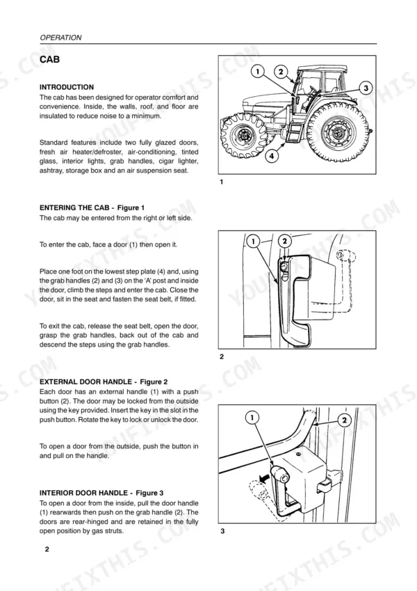 New Holland G170, G190, G210, G240 operator manual showing cab entry procedures, external door handle, and interior door handle diagrams.