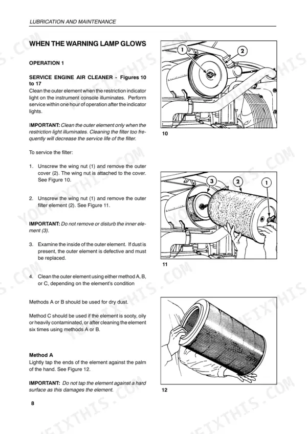 New Holland G170, G190, G210, G240 engine air cleaner service procedure, including filter element removal diagrams.