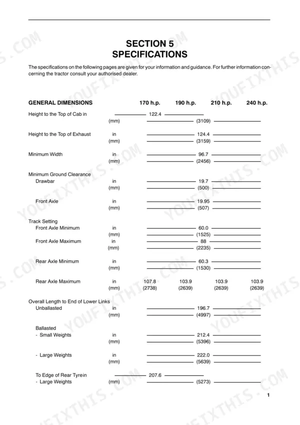 New Holland G170, G190, G210, G240 specifications table for general dimensions, axle track settings, and tractor length.