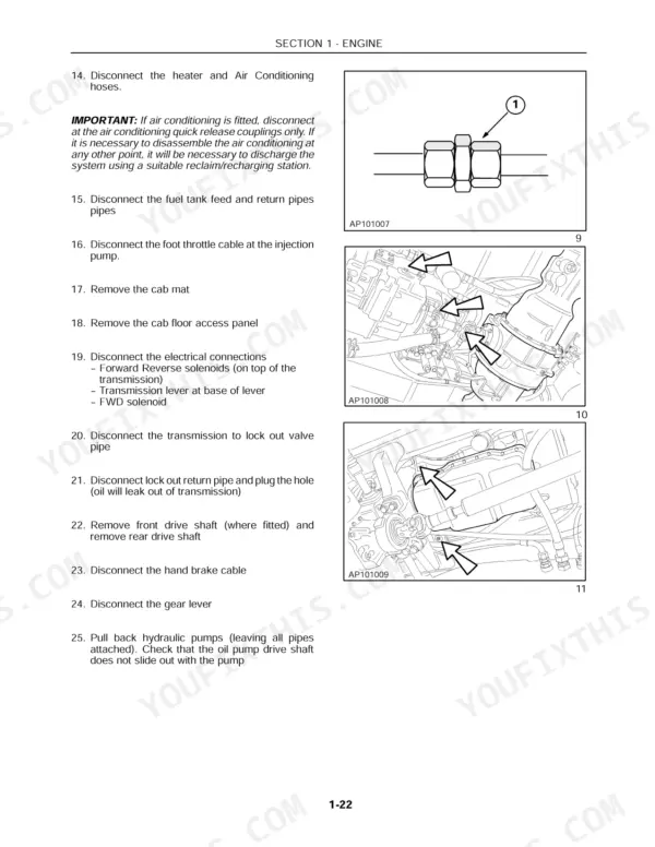 New Holland LB75 engine removal procedures, including hose, cable, and drive shaft disconnection steps with component diagrams.