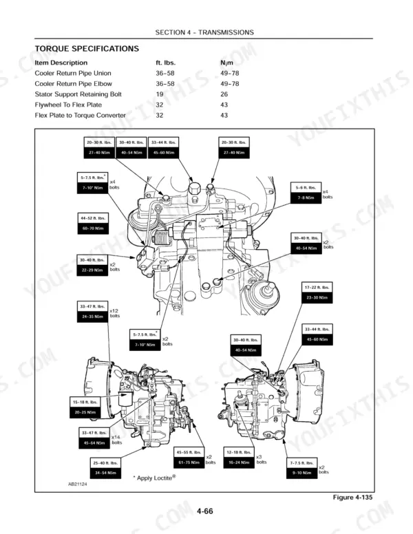 New Holland LB75 transmission torque specifications table and component bolt tightening diagram with ft. lbs. and Nm values.