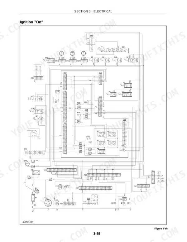 New Holland LB75 electrical wiring diagram showing ignition On circuit with switches, relays, connectors, and gauges.