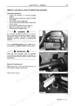 New Holland LM5040, LM5060, LM5080 engine and radiator removal procedure, fuse box, cold starting device, and earth strap locations.