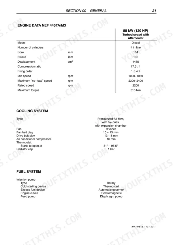 New Holland LM5040, LM5060, LM5080 service manual page showing NEF 445TA/M3 engine, cooling system, and fuel system specifications.