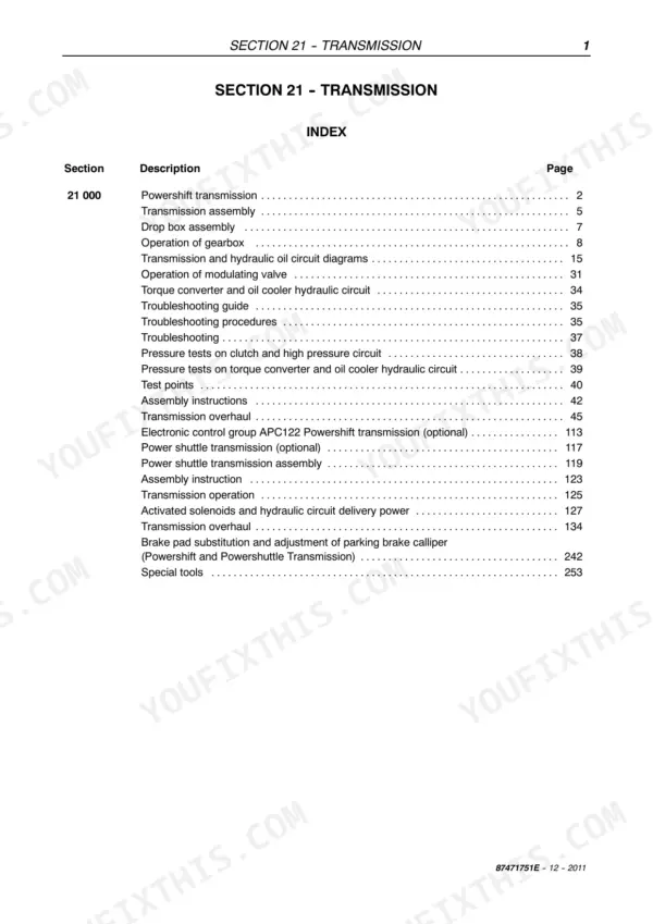 New Holland LM5040, LM5060, LM5080 service manual Section 21 Transmission index listing assembly, troubleshooting, and test procedures.