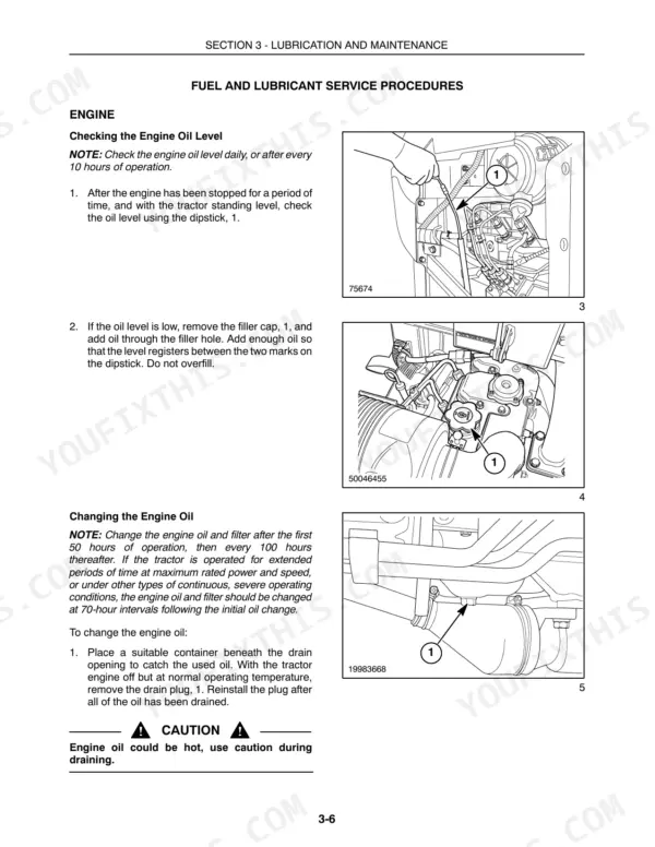 New Holland T1010, T1030, 230GM engine oil level check, filler cap location, and oil drain plug removal procedures.