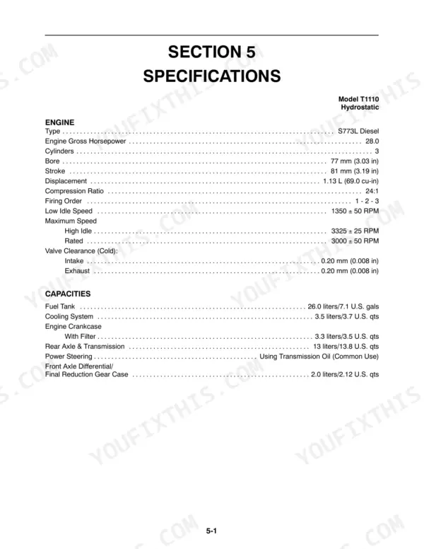 New Holland T1110, 230GM engine specifications and fluid capacity table including bore, stroke, and valve clearance data.