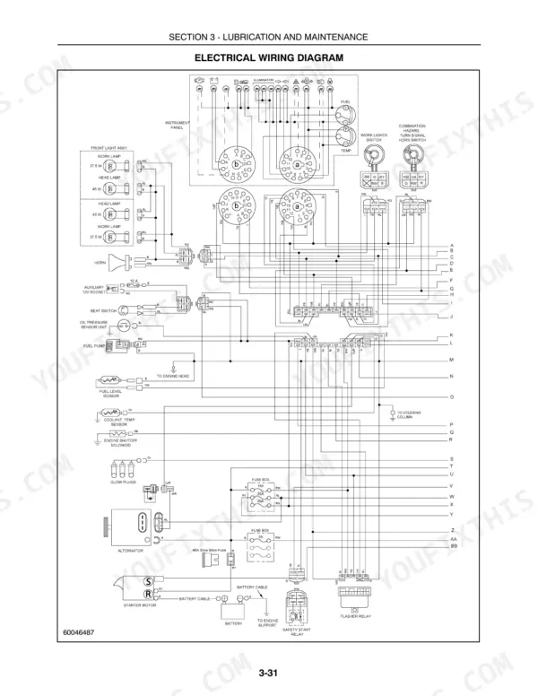 New Holland T1110, 230GM electrical wiring diagram showing instrument panel, lights, sensors, fuses, and starter motor.