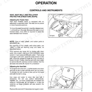 New Holland T1520 operator manual page showing procedures for adjusting the tractor seat and seat belt with component diagrams.