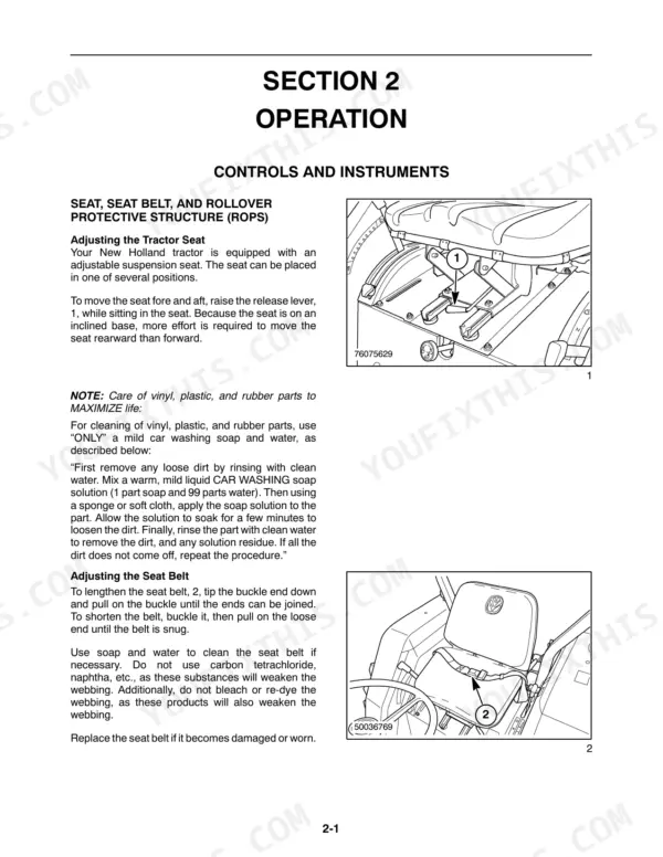 new-holland-t1520-tractor-operator-manual-87473223-controls-22.webp New Holland T1520 operator manual page showing procedures for adjusting the tractor seat and seat belt with component diagrams.