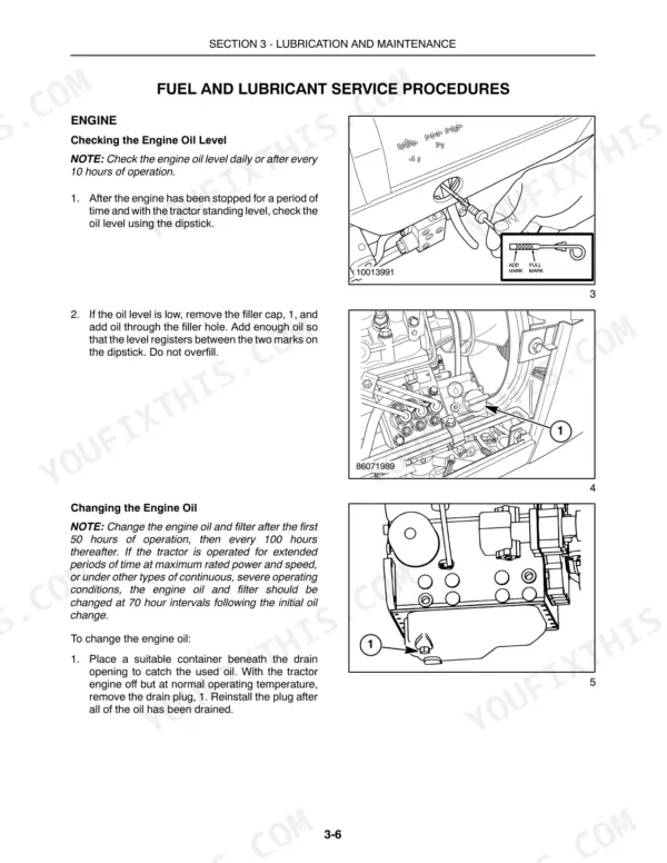 New Holland T1520 engine oil level check and oil change procedure with dipstick, filler cap, and drain plug diagrams.