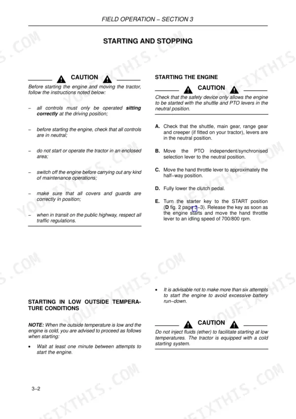 New Holland T3010, T3020, T3030, T3040 operator manual page for engine starting, stopping, and cold weather procedures.