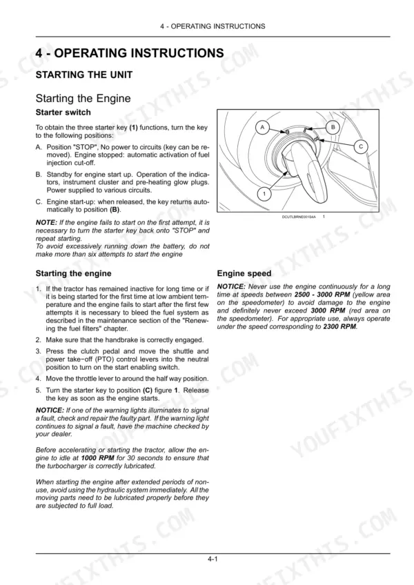 New Holland T4.85, T4.95, T4.105 operating instructions for starting the engine and starter switch diagram.