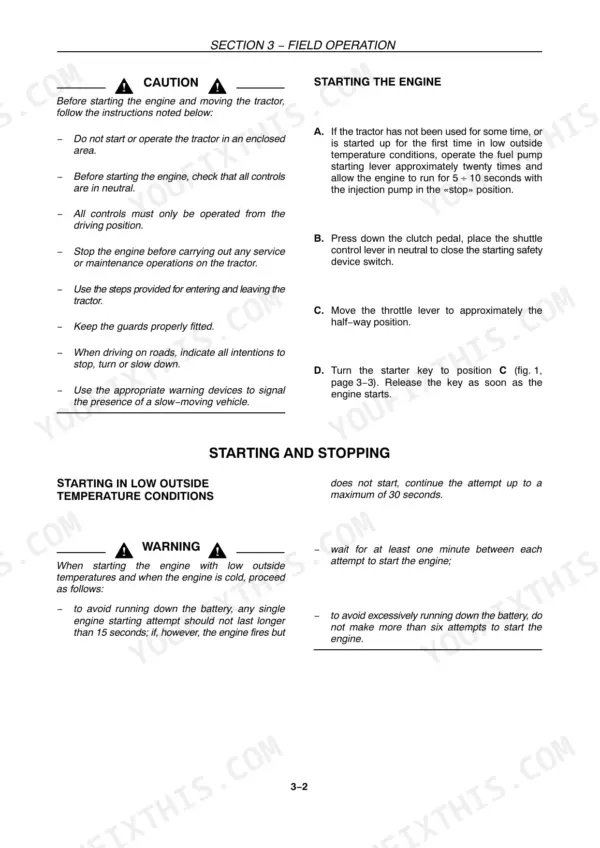 New Holland T4020, T4030, T4040, T4050 manual page detailing engine starting procedures and cold weather starting instructions.