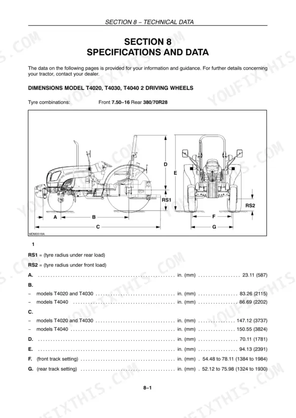 New Holland T4020, T4030, T4040, T4050 tractor dimension diagram and specifications table for 2WD models.