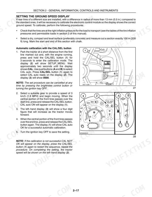 New Holland T5040, T5050, T5060, T5070 ground speed display calibration procedure using CAL/SEL button and instrument cluster.
