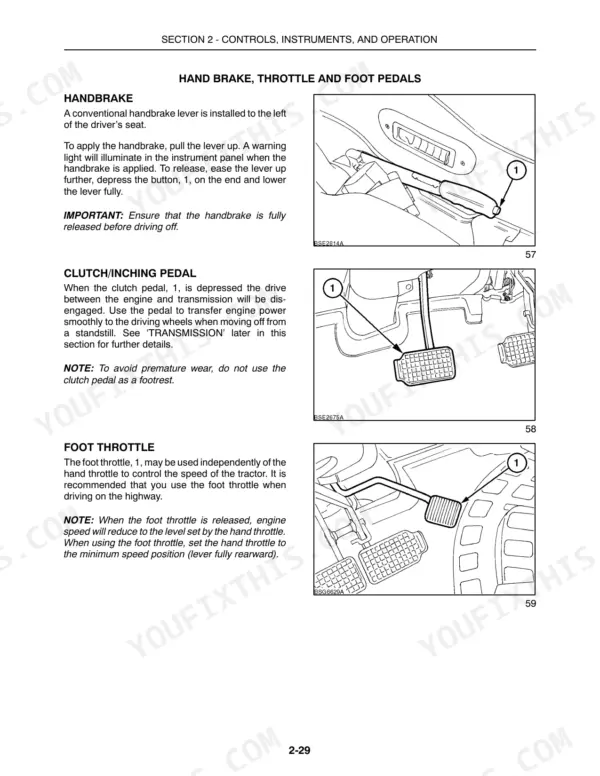 new-holland-t6010-variants-tractor-operator-manual-87717170-controls-65.webp New Holland T6010–T6070 manual showing handbrake, clutch/inching pedal, and foot throttle operation diagrams.