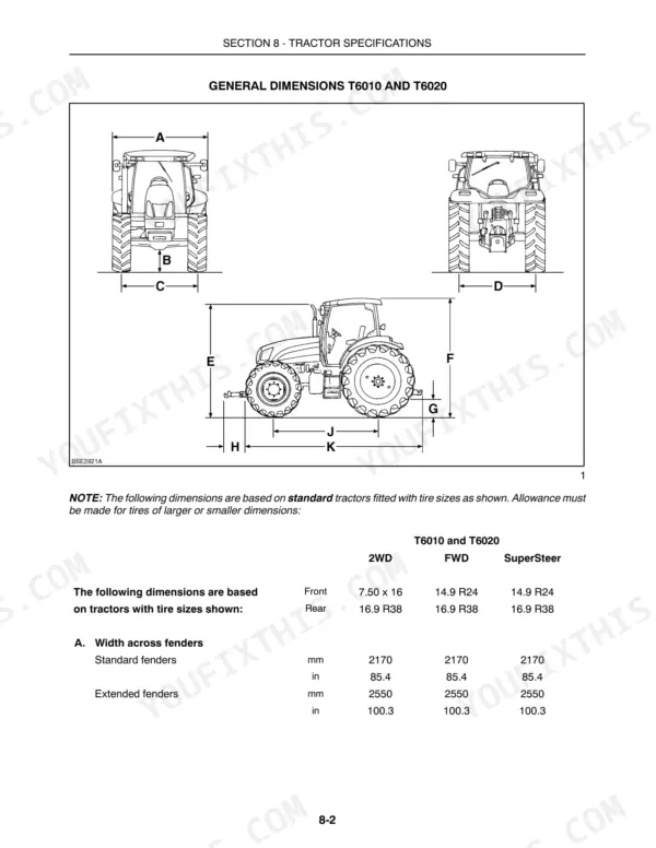 New Holland T6010–T6070 general dimensions diagram and fender width specifications table for 2WD, FWD, and SuperSteer models.