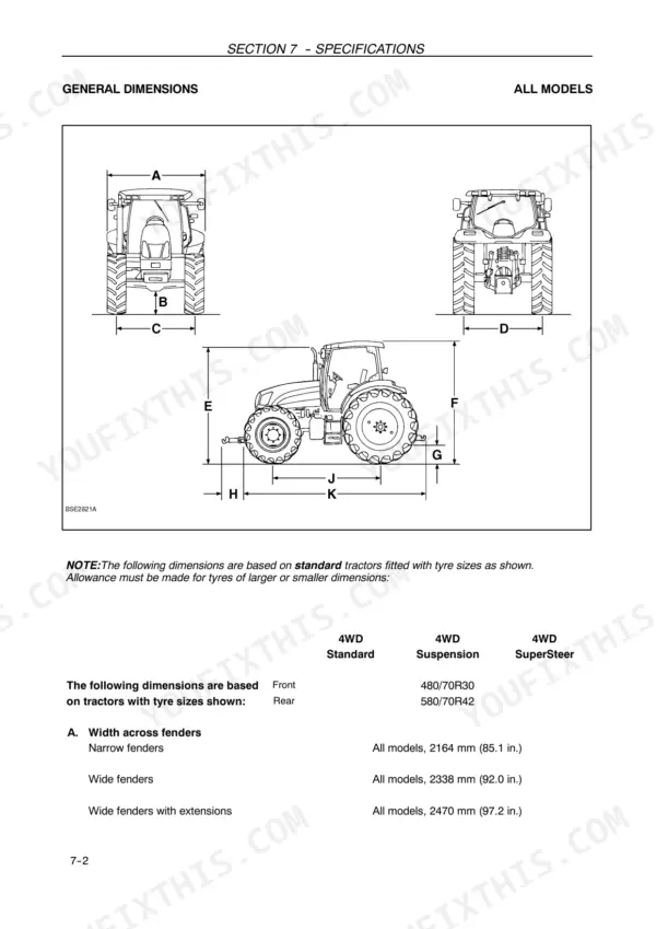 New Holland T6030, T6050, T6070, T6080, T6090 general dimensions diagram and fender width specifications table.