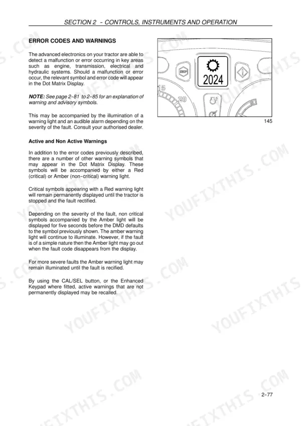 New Holland T7030, T7040, T7050, T7060 manual page showing Dot Matrix Display error codes, warning symbols, and operation guide.