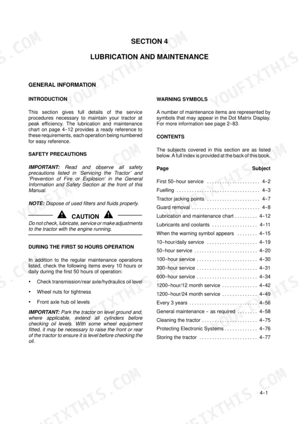 New Holland T7030, T7040, T7050, T7060 Section 4 Lubrication and Maintenance table of contents and service procedures.
