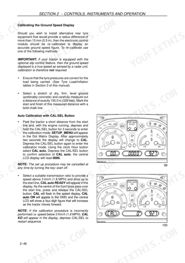 New Holland T7030, T7040, T7050, T7060 ground speed display auto calibration procedure with instrument cluster diagrams.
