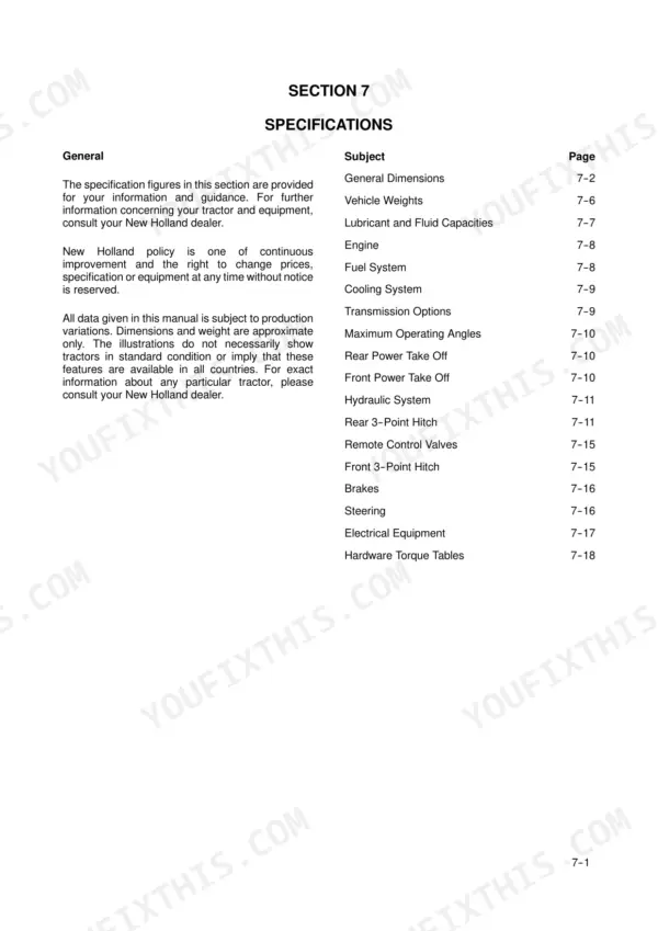 New Holland T7030, T7040, T7050, T7060 Section 7 Specifications table of contents listing dimensions, engine, and systems.