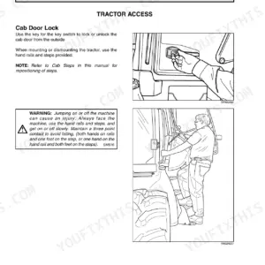 New Holland T8010–T8050 operating controls manual showing cab door lock operation and safe tractor access procedures.