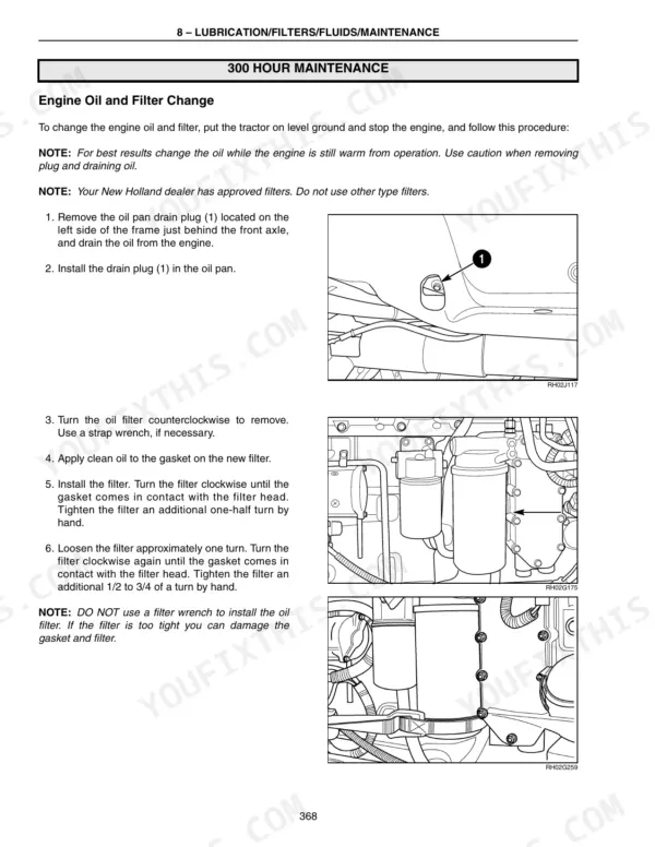 New Holland T8010–T8050 300 hour maintenance procedure for changing engine oil and oil filter with component diagrams.