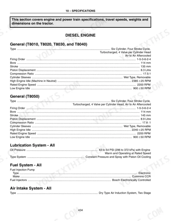 New Holland T8010–T8050 engine specifications table including bore, stroke, displacement, and lubrication system data.