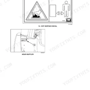 New Holland T9030, T9040, T9050, T9060 hot surface decal placement diagram near the muffler for safety identification.