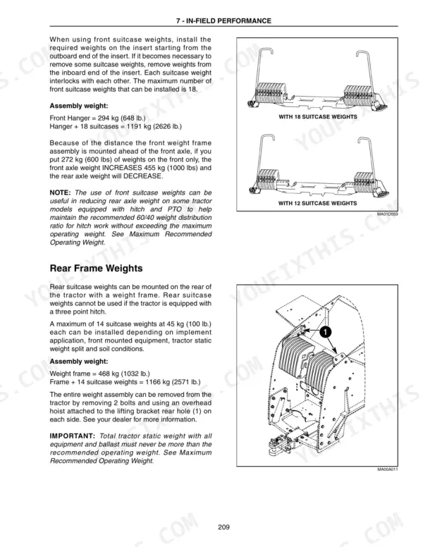 New Holland T9030, T9040, T9050, T9060 front and rear suitcase weight installation diagrams and assembly weight specifications.