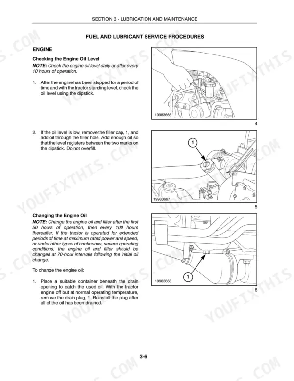 New Holland TC18 engine oil service procedures, checking oil level, filler cap location, and oil drain plug removal steps.