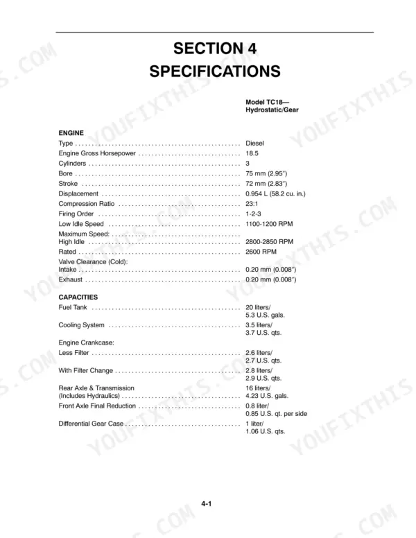 New Holland TC18 engine specifications and fluid capacity table including valve clearance, fuel, and cooling system data.